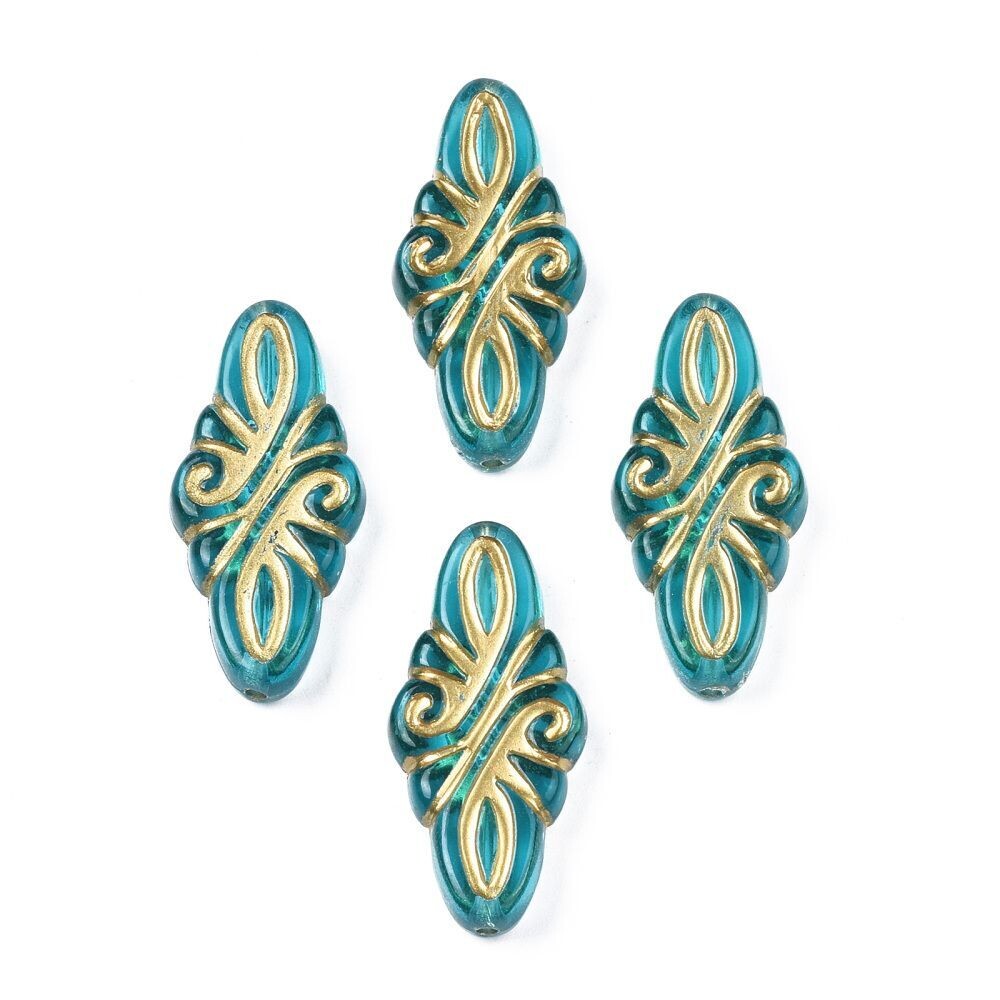 10 x Plated Acrylic Beads, 30x14x6mm, Teal & Gold
