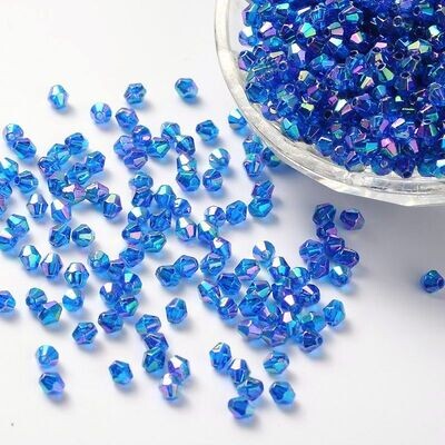 100 x 4mm AB Plated Acrylic Bicone Beads in Royal Blue