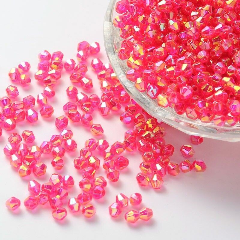 100 x 4mm AB Plated Acrylic Bicone Beads in Hot Pink