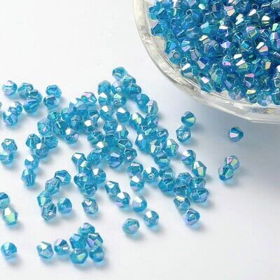 100 x 4mm AB Plated Acrylic Bicone Beads in Light Blue