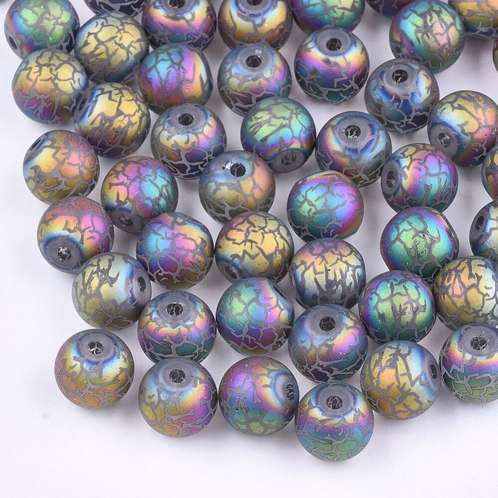 50 x Electroplated Frosted Glass Beads, 9mm, Matt Rainbow