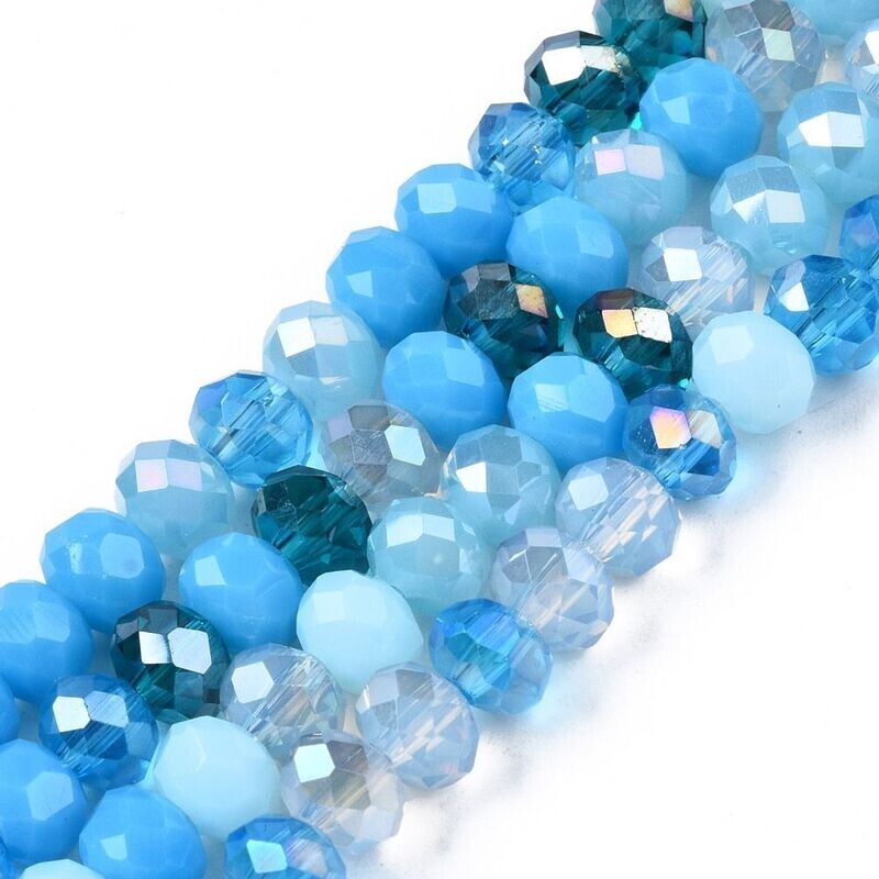6x5mm Electroplated Faceted Glass Rondelles in Mixed Light Blues, 1 Strand