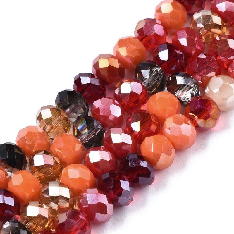 6x5mm Electroplated Faceted Glass Rondelles in Mixed Reds/Oranges, 1 Strand