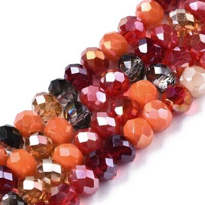 6x4mm Electroplated Faceted Glass Rondelles in Mixed Reds/Oranges, 1 Strand