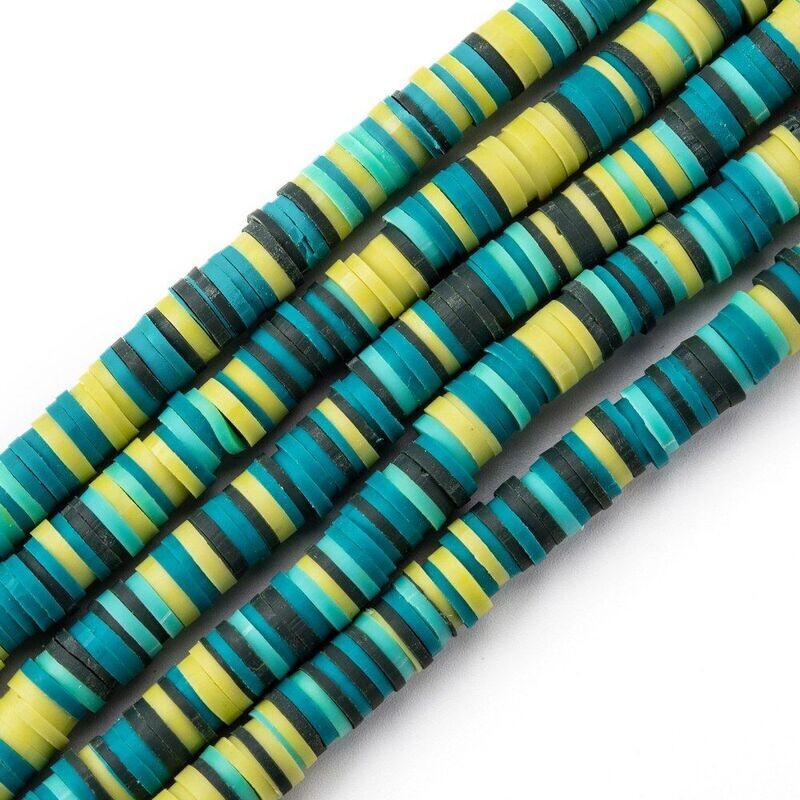 Polymer Clay Heishi Bead Strand, Teal & Yellow Mix, 6mm