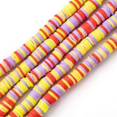 Polymer Clay Heishi Bead Strand, Red/Yellow/Lilac Mix, 6mm