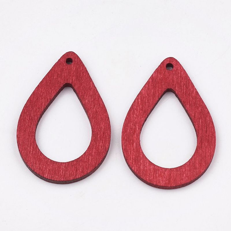 2 x  Painted Wooden Pendants in Red, 37x25mm