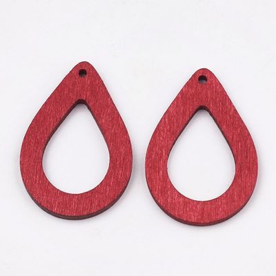 2 x Painted Wooden Pendants in Red, 37x25mm