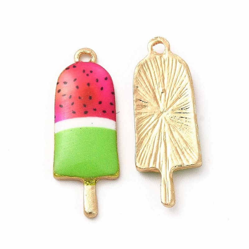 Enamel & Light Gold Watermelon Ice Lolly Charm/Pendant, 27x10mm