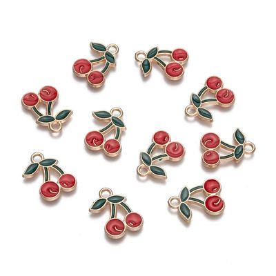 Enamel & Light Gold Cherry Charm, 18x13mm