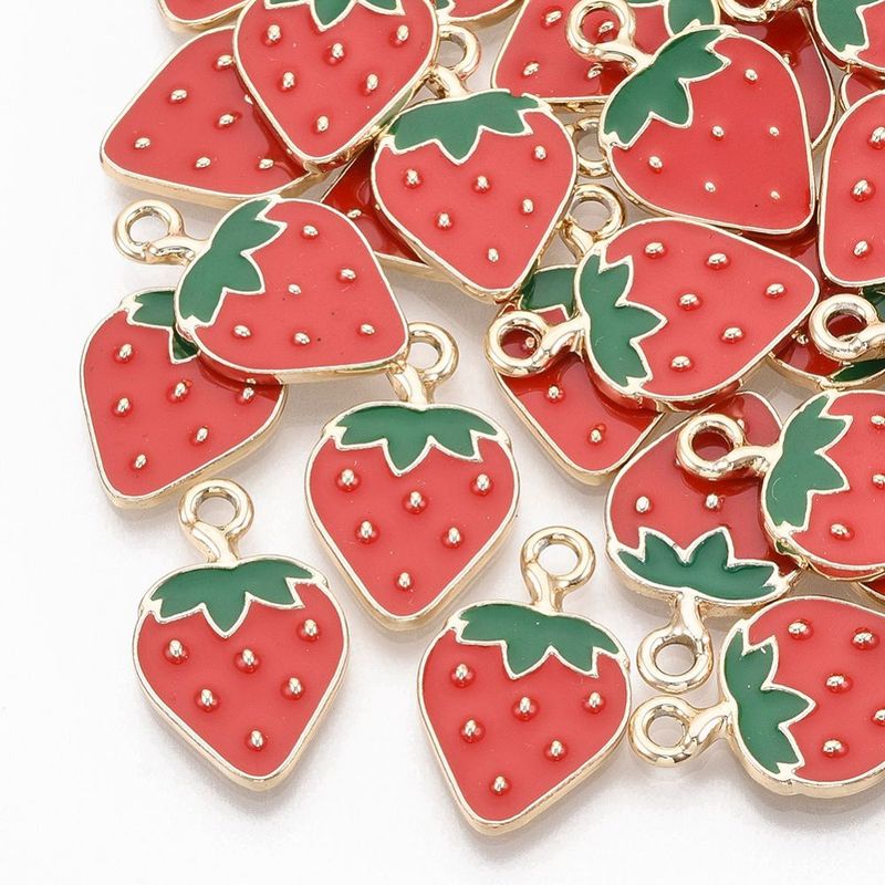 Enamel & Light Gold Strawberry Charm, 20x13mm