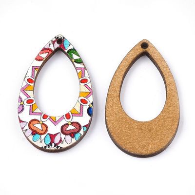 2 x  Painted Wooden Pendants, White, 34x20mm