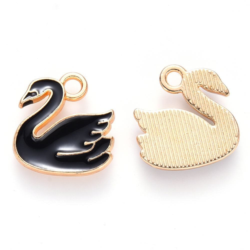 Enamel & Light Gold Black Swan Charm, 14x14mm
