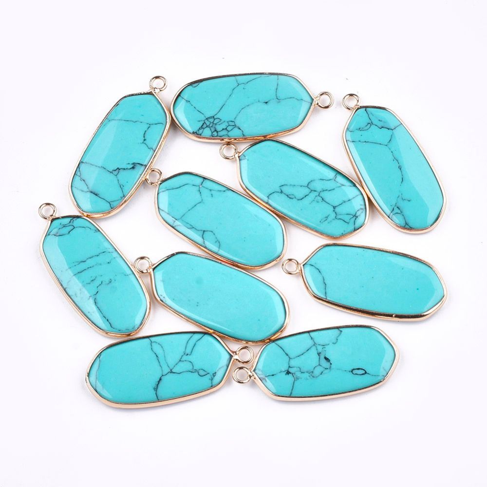 Turquoise Howlite Pendant with Gold Plated Frame, 36x15x4mm