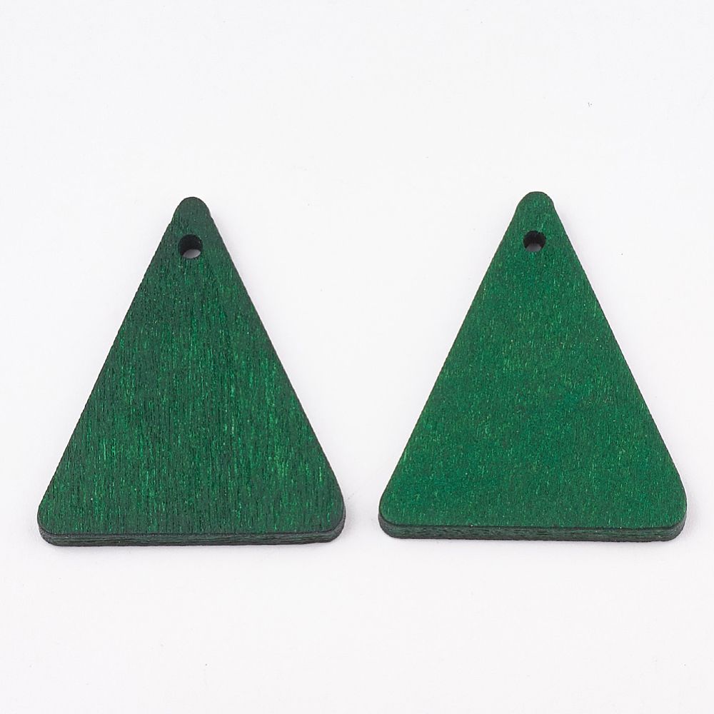 2 x  Painted Wooden Triangle Pendants in Green, 32x26mm