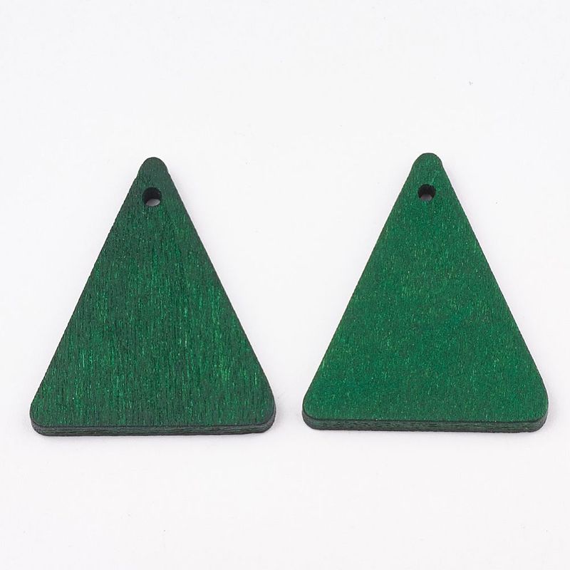 2 x  Painted Wooden Triangle Pendants in Green, 32x26mm