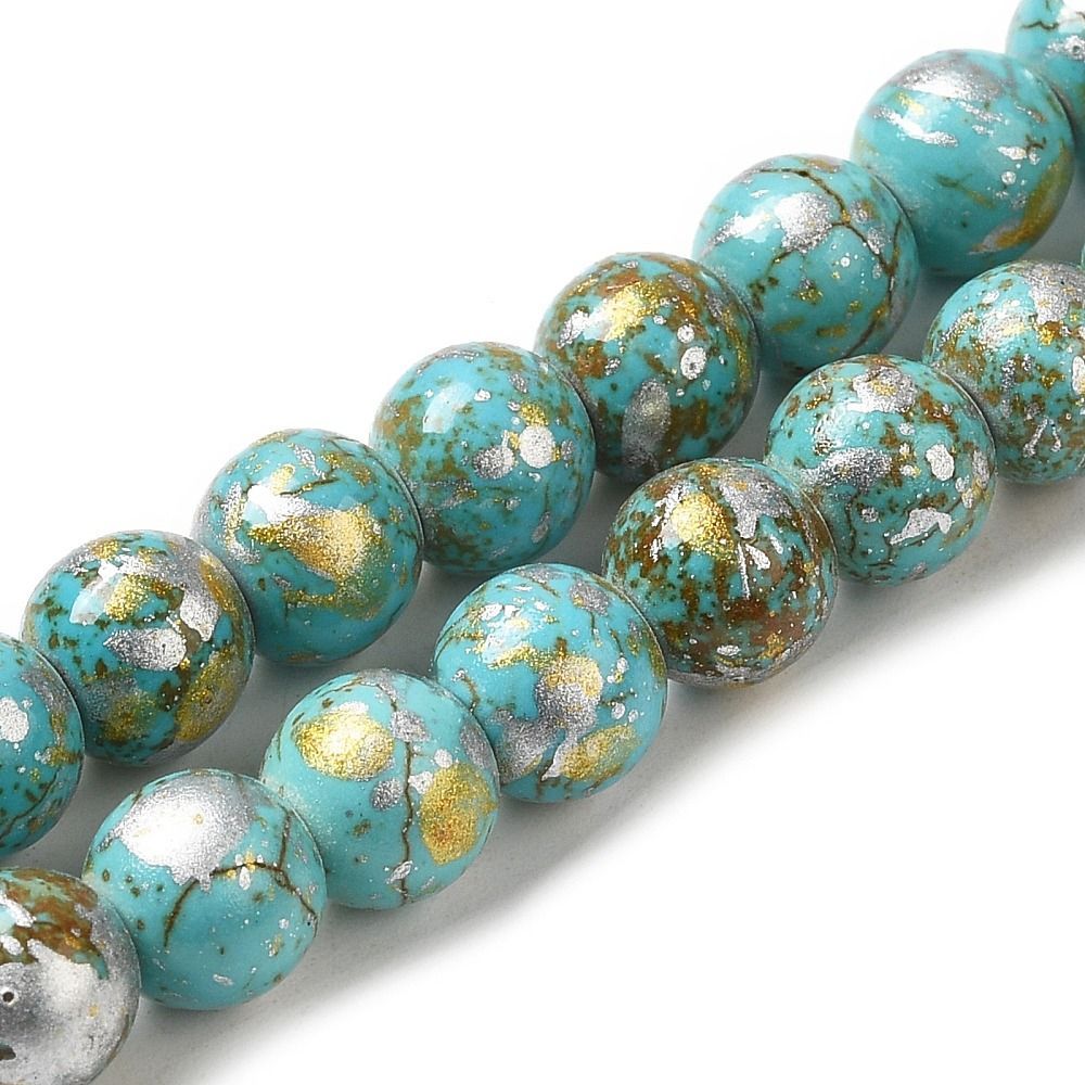 Painted Glass Beads in Sea Green & Gold, 8mm