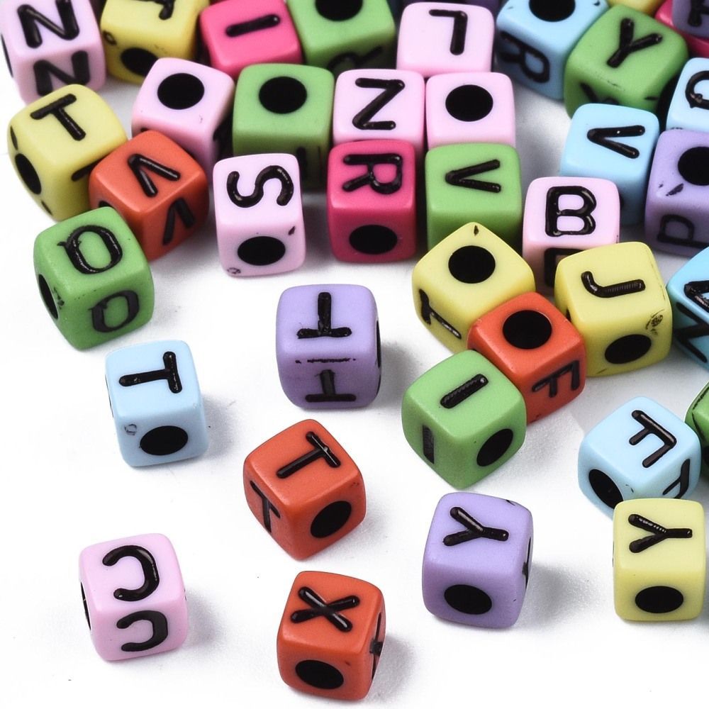 Mixed Colours Cubed Letter Beads, 4x4mm, 50g