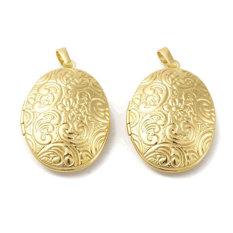 Real Gold Plated Oval Locket with Flower Pattern, 33x23mm