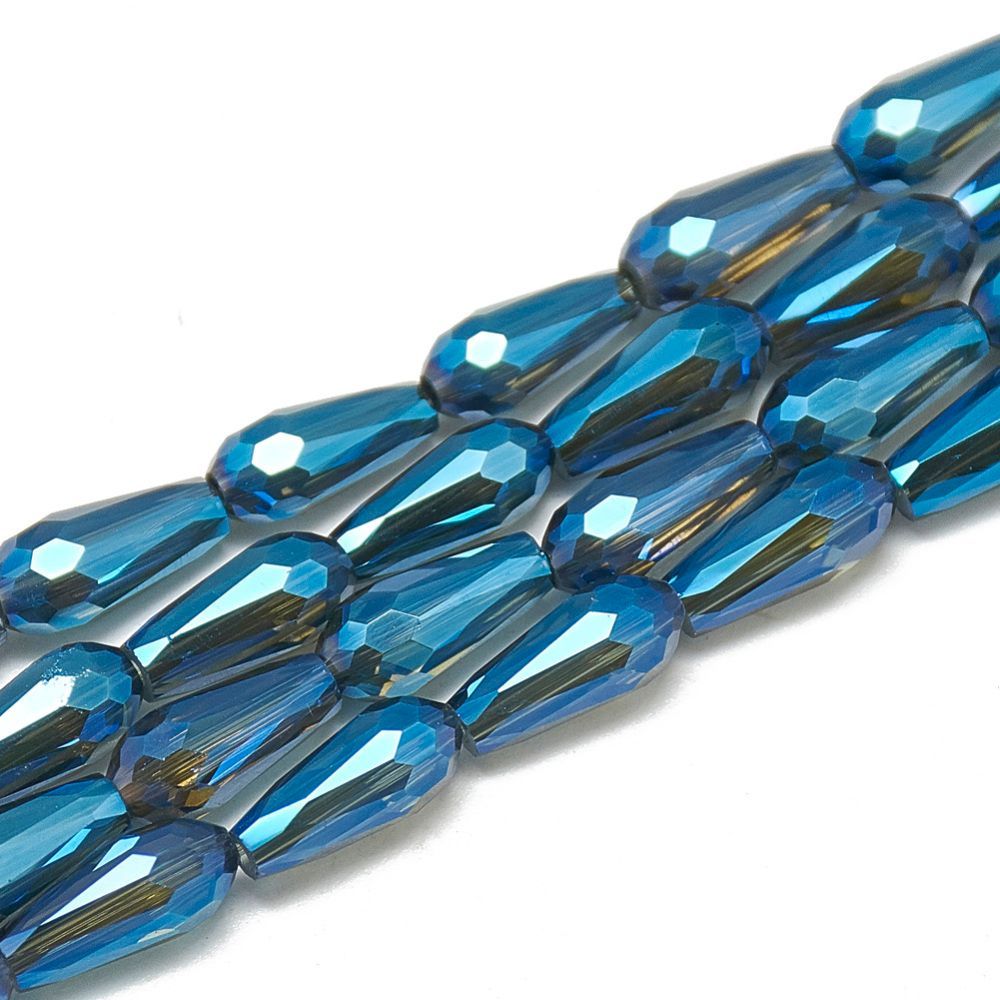 50 x Electroplated Glass Teardrop Beads in Blue, 9x4mm