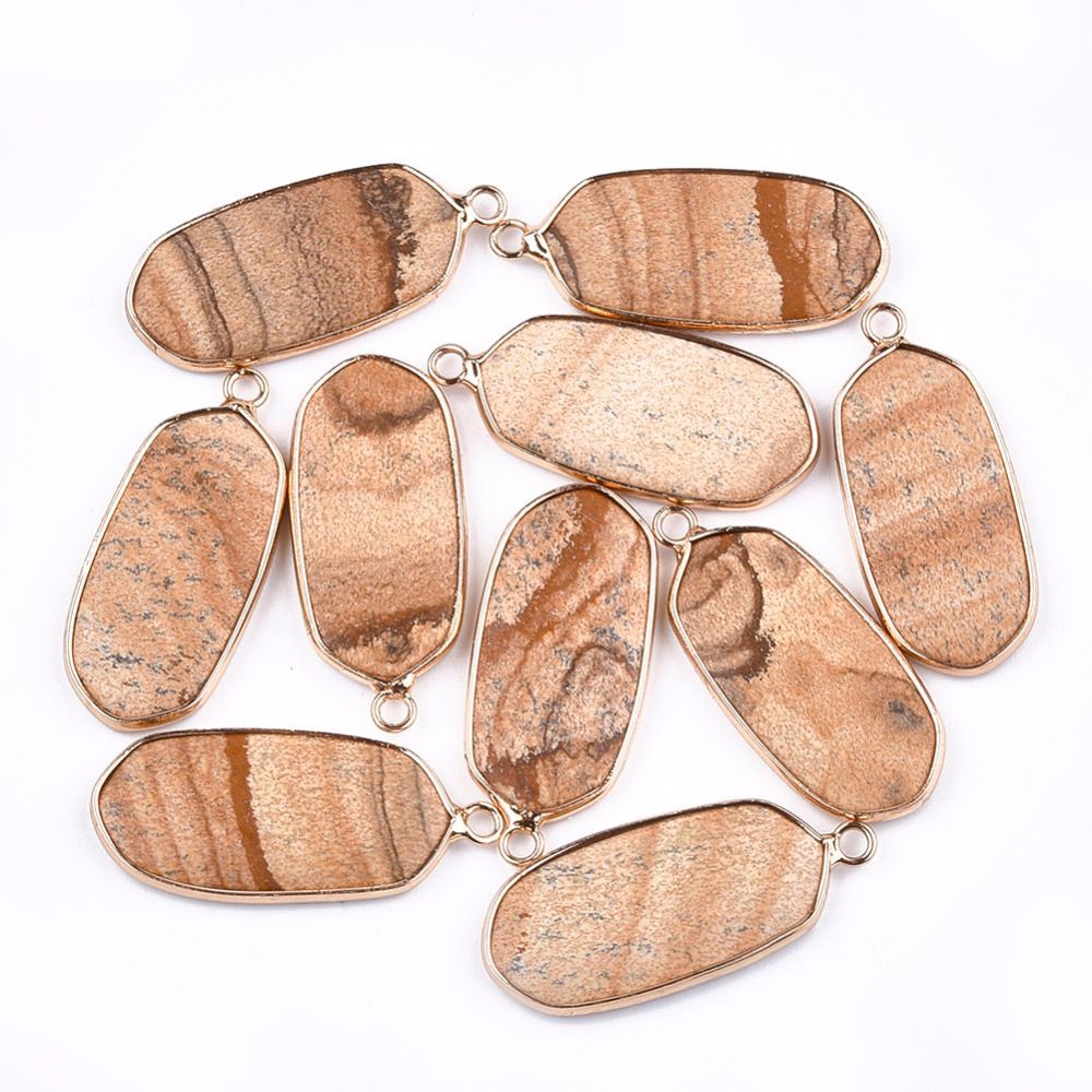 Natural Jasper Pendant with Gold Plated Frame, 36x15x5mm