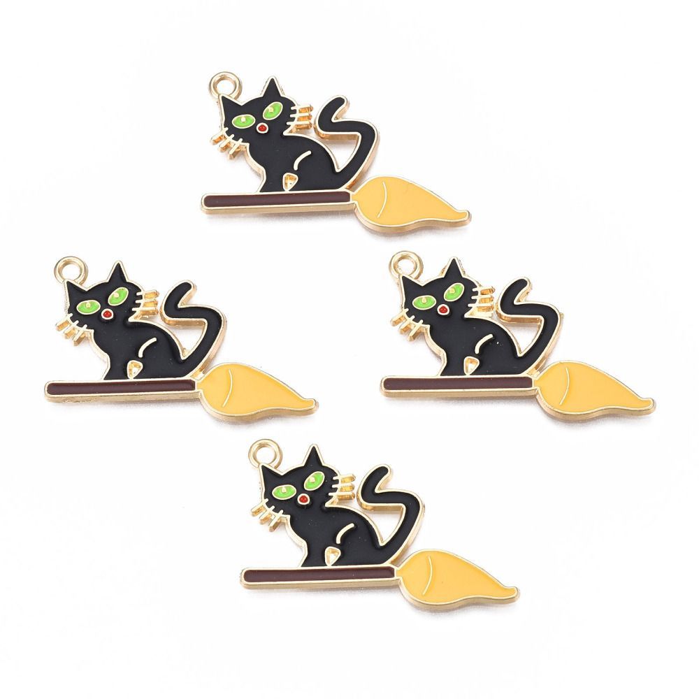 Halloween Light Gold and Enamel Cat & Broom Charm/Pendant, 23x34mm