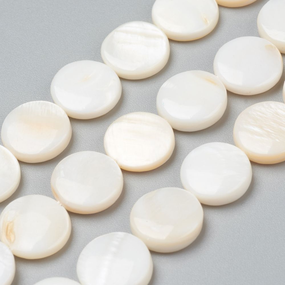 Mother of Pearl Shell Beads in Ivory, Flat Round, 10x3mm, 1 Strand