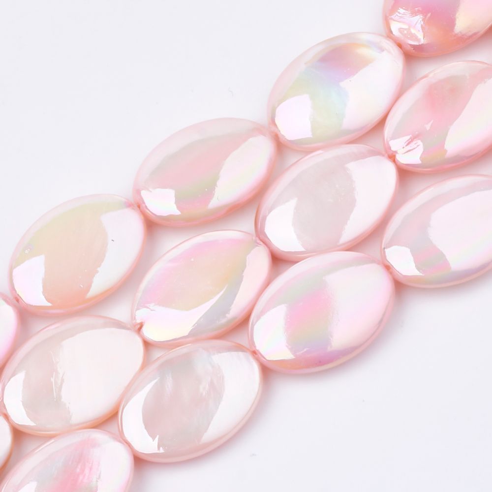 AB Plated Mother of Pearl Shell Beads in Pink, Oval, 17x12x4mm 1 Strand