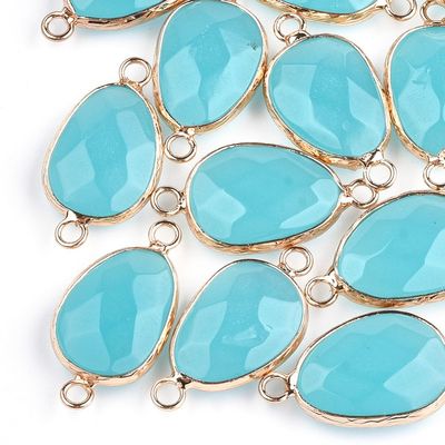 Natural Dyed Jade Connector with Gold Plated Frame, Turquoise, 27x14x6mm