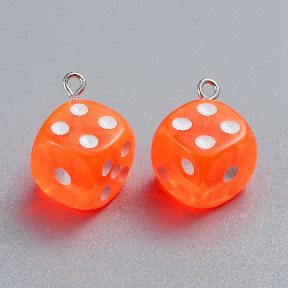 Resin Dice Charm/Pendant in Bright Orange, 23x19mm