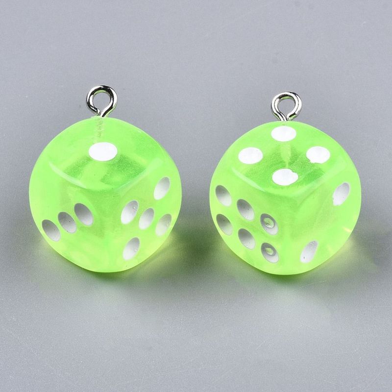 Resin Dice Charm/Pendant in Neon Green, 23x19mm