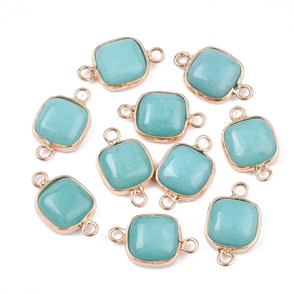 Dyed Natural Jade Connector with Gold Plated Square Frame, Sea Green, 21x13x5mm