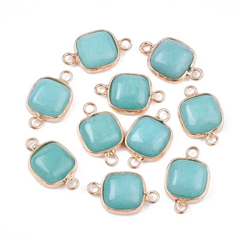 Dyed Natural Jade Connector with Gold Plated Square Frame, Sea Green, 21x13x5mm