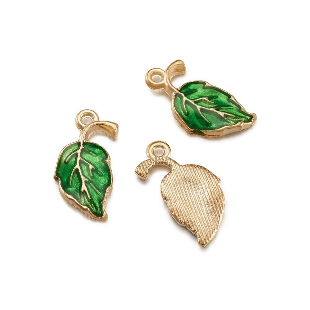 Light Gold and Enamel Leaf Charm in Green, 20x10mm