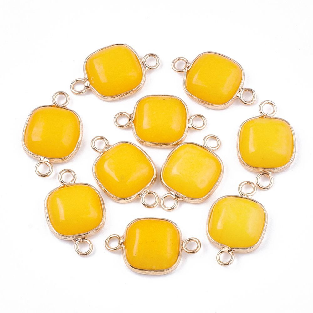 Dyed Natural Jade Connector with Gold Plated Square Frame,  Yellow, 21x13x5mm