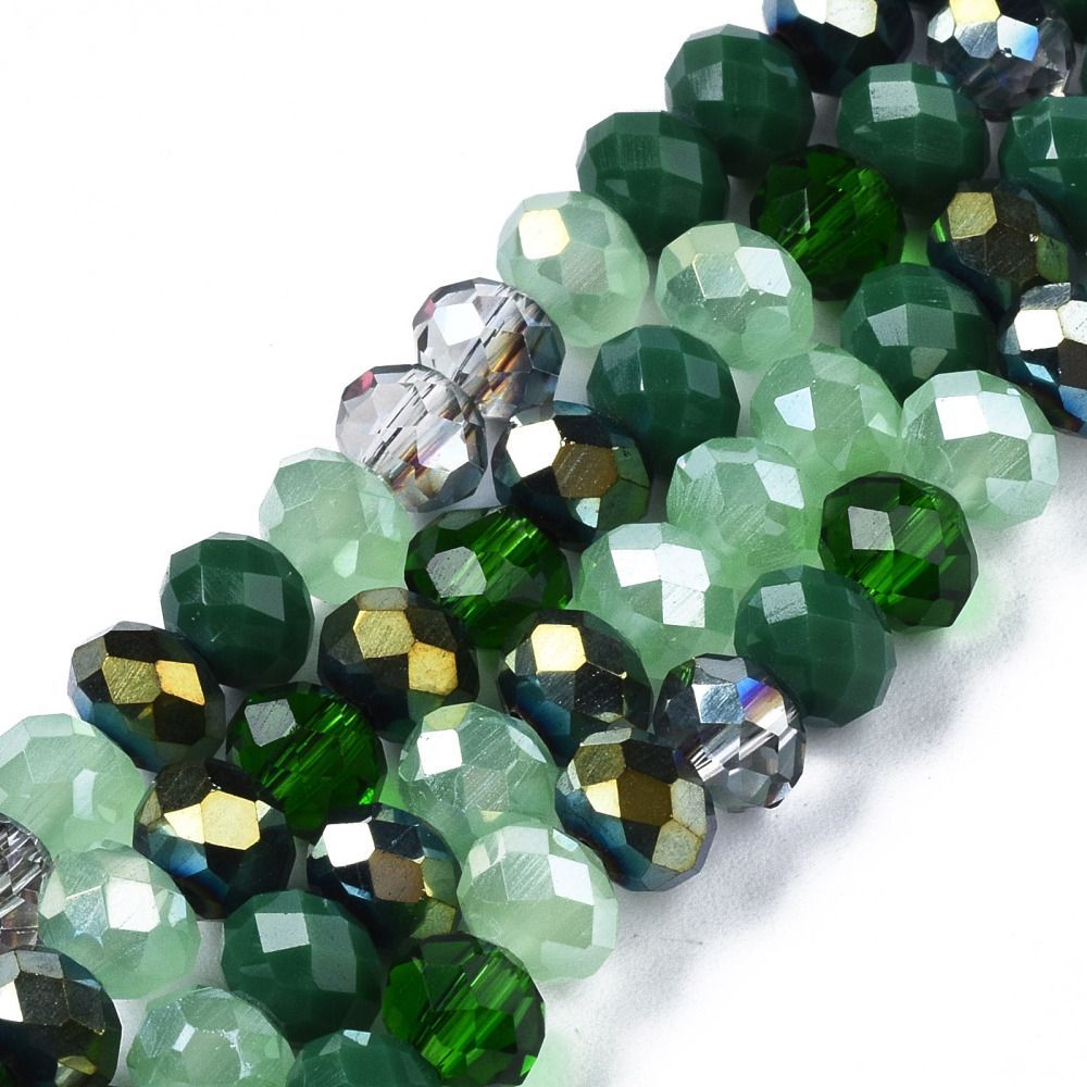 6x5mm Electroplated Faceted Glass Rondelles in Mixed Greens, 1 Strand