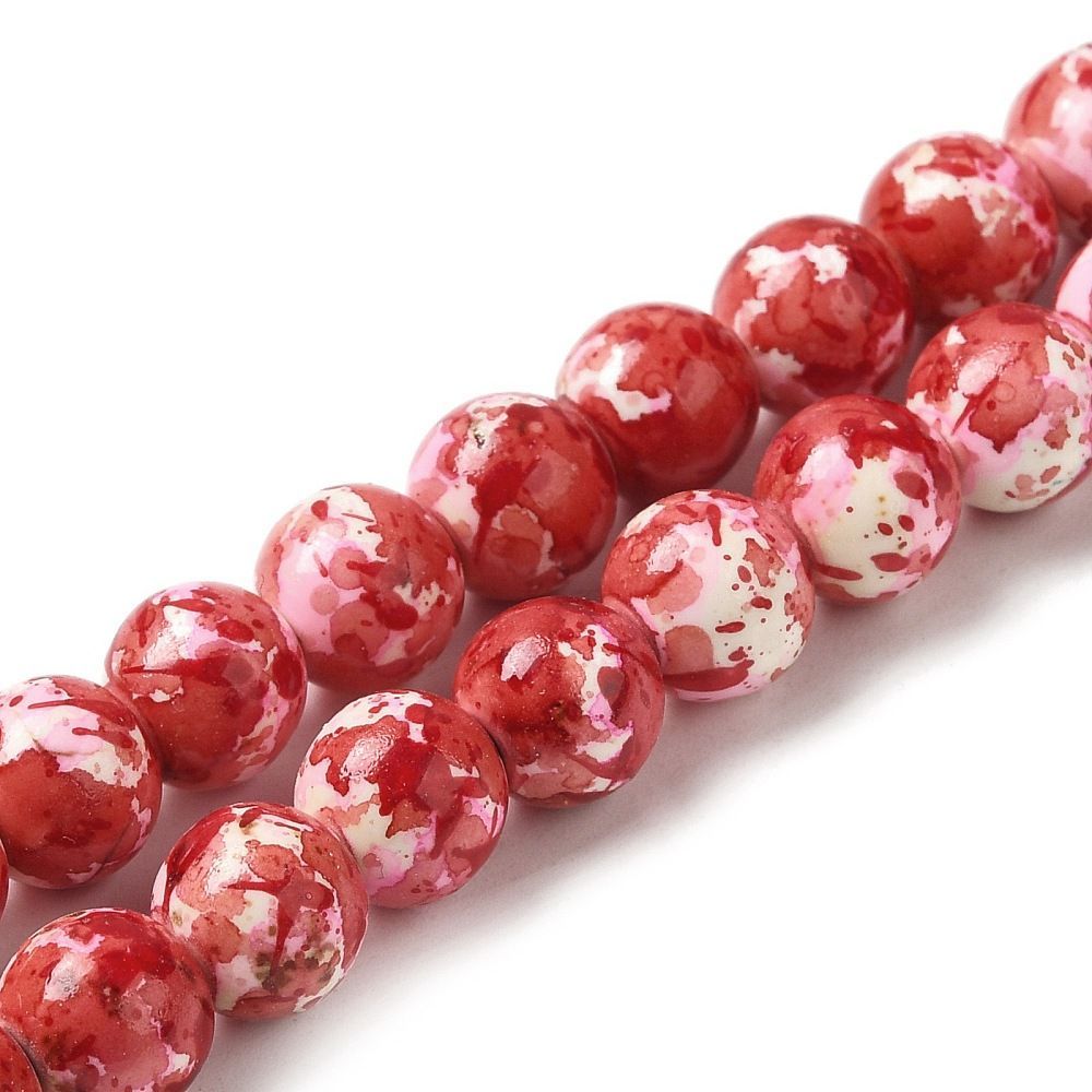 Painted Glass Beads, Red & White, 8mm