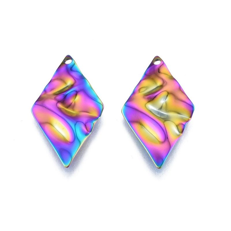 Stainless Steel Rainbow Plated Wavy Diamond Pendant, 32x18mm