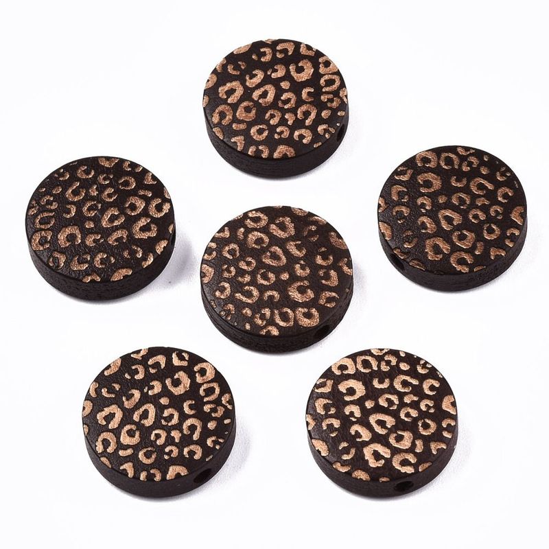 20 x Animal Print Flat Round Wooden Beads, Coconut Brown, 15x4mm