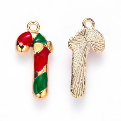 Enamel & Light Gold Christmas Candycane Charm, 20x9mm