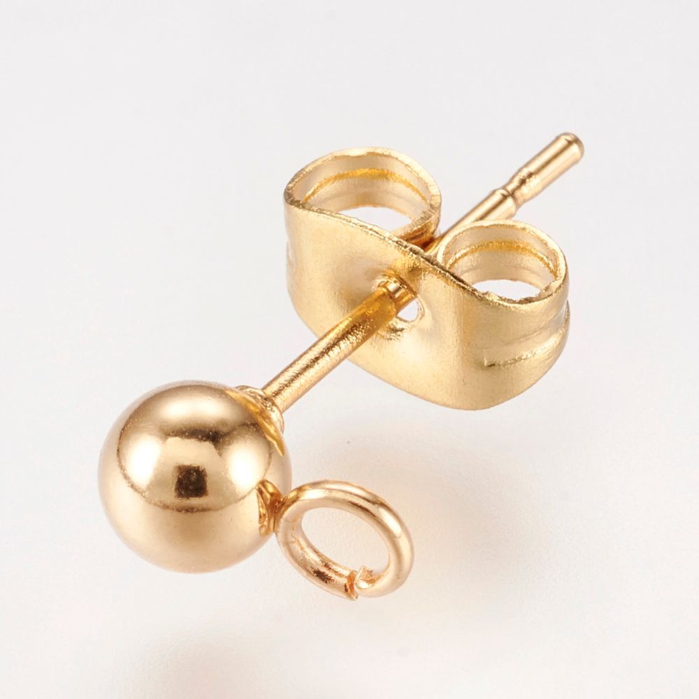 10 x Real Gold Plated Stainless Steel Ear Studs with Loop and Backs, 4mm