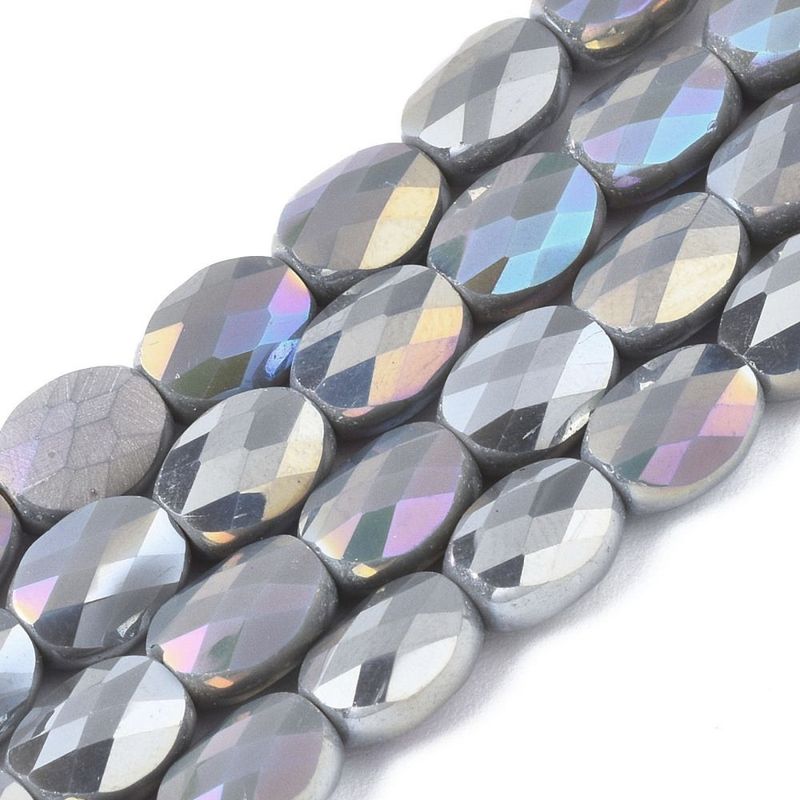 Electroplated Faceted Glass Oval Beads in Grey, 8x6x4mm