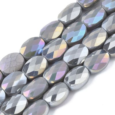 Electroplated Faceted Glass Oval Beads in Grey, 8x6x4mm