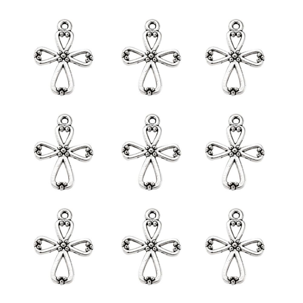 Antique Silver Engraved Cross Charm, 22x17mm
