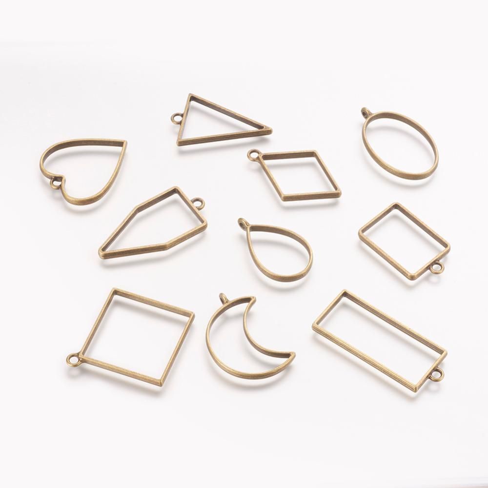 10 x Antique Bronze Open Bezel Pendants, Mixed Shapes