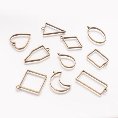 10 x Antique Bronze Open Bezel Pendants, Mixed Shapes