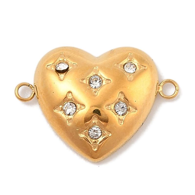 Stainless Steel Gold Heart Connectors with Cubic Zirconia, 14x20x4.5mm