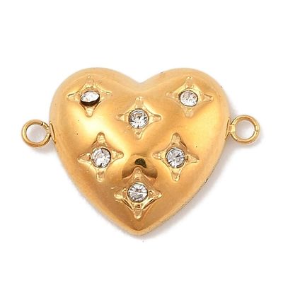 Stainless Steel Gold Heart Connectors with Cubic Zirconia, 14x20x4.5mm