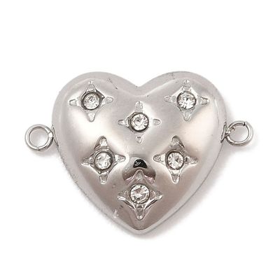 Stainless Steel Heart Connectors with Cubic Zirconia, 14x20x4.5mm