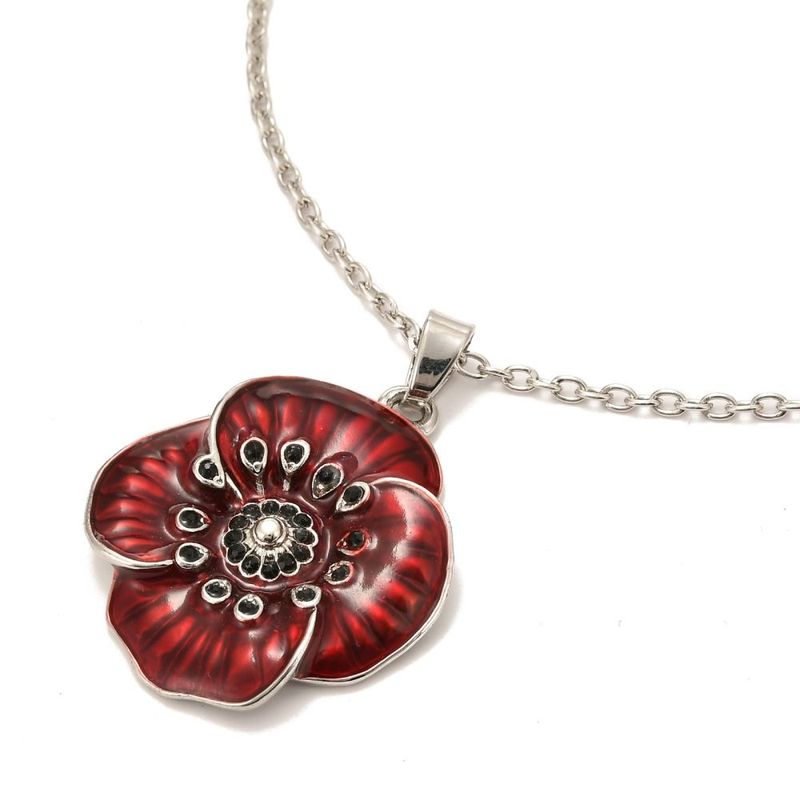 Enamel & Rhinestone Poppy Pendant Necklace